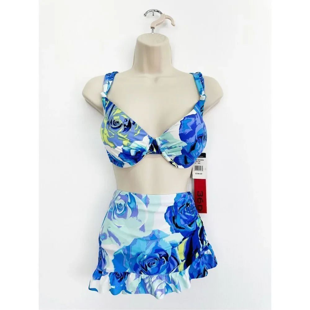Jantzen Women’s Vintage 90s Y2K Blue Multi Retro Pop Art Floral Underwire Ruffle